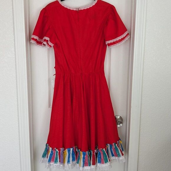 Vintage Rockmount Ranch Wear Dress - 16 - Red & Rainbow w/ Ruffles, Bows, Lace - Picture 2 of 15